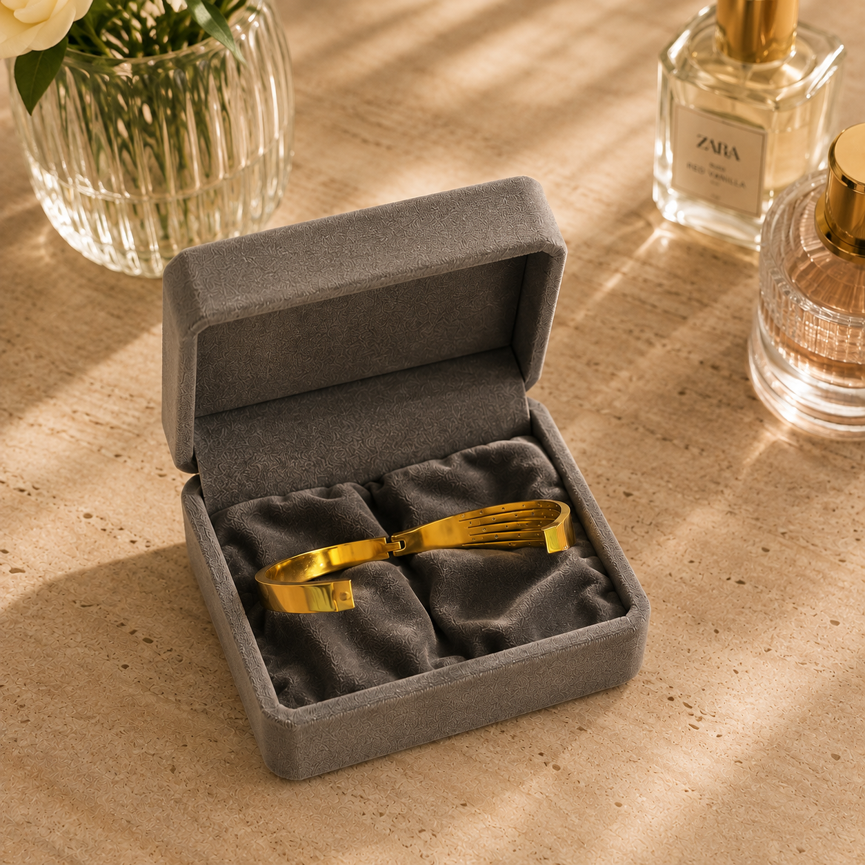 Close-up of the gold-tone bracelet's hinged opening mechanism, showing the secure lock design, crystal accents, and polished finish.
