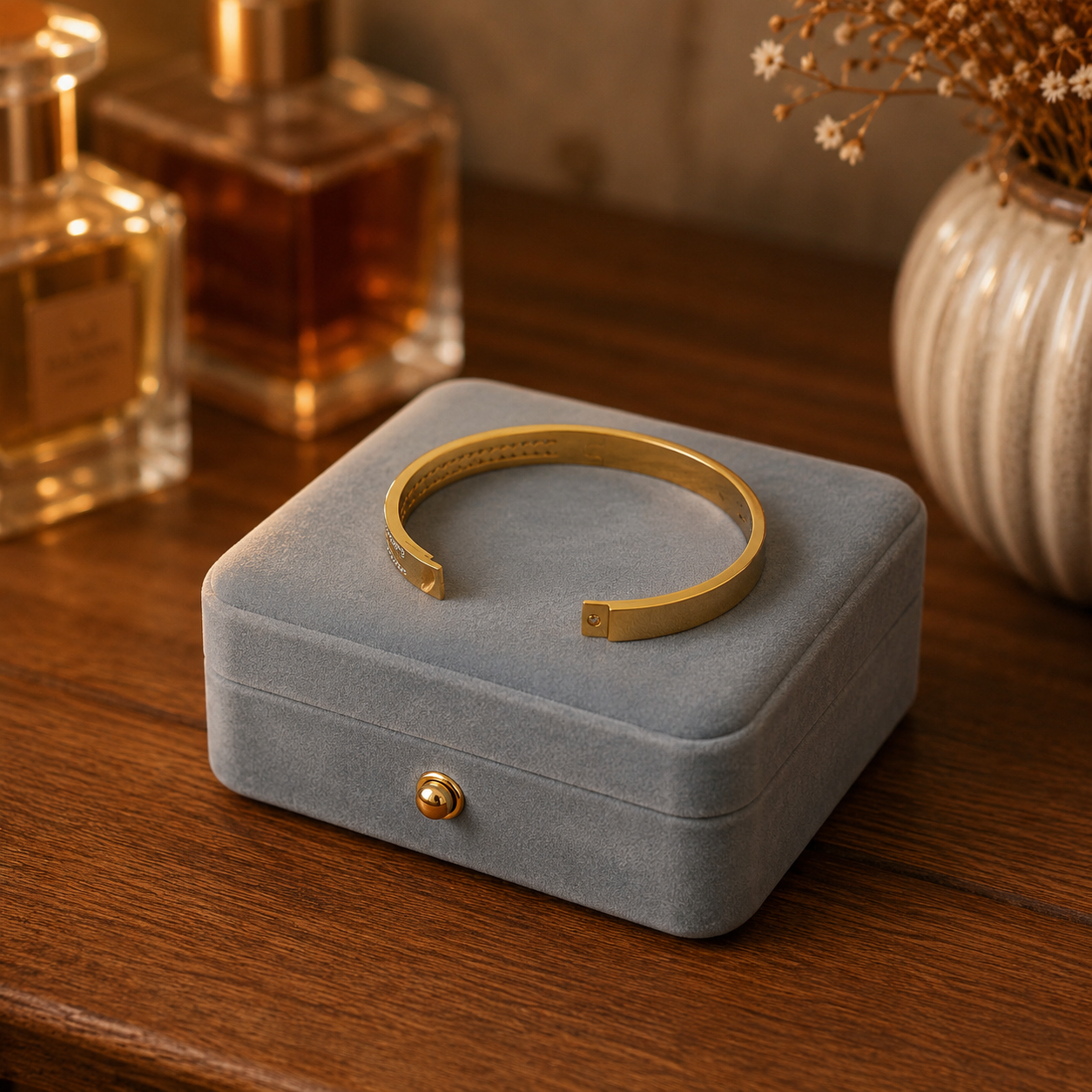 Close-up of a polished gold open cuff bracelet with crystal detailing in a luxury editorial jewelry setting.