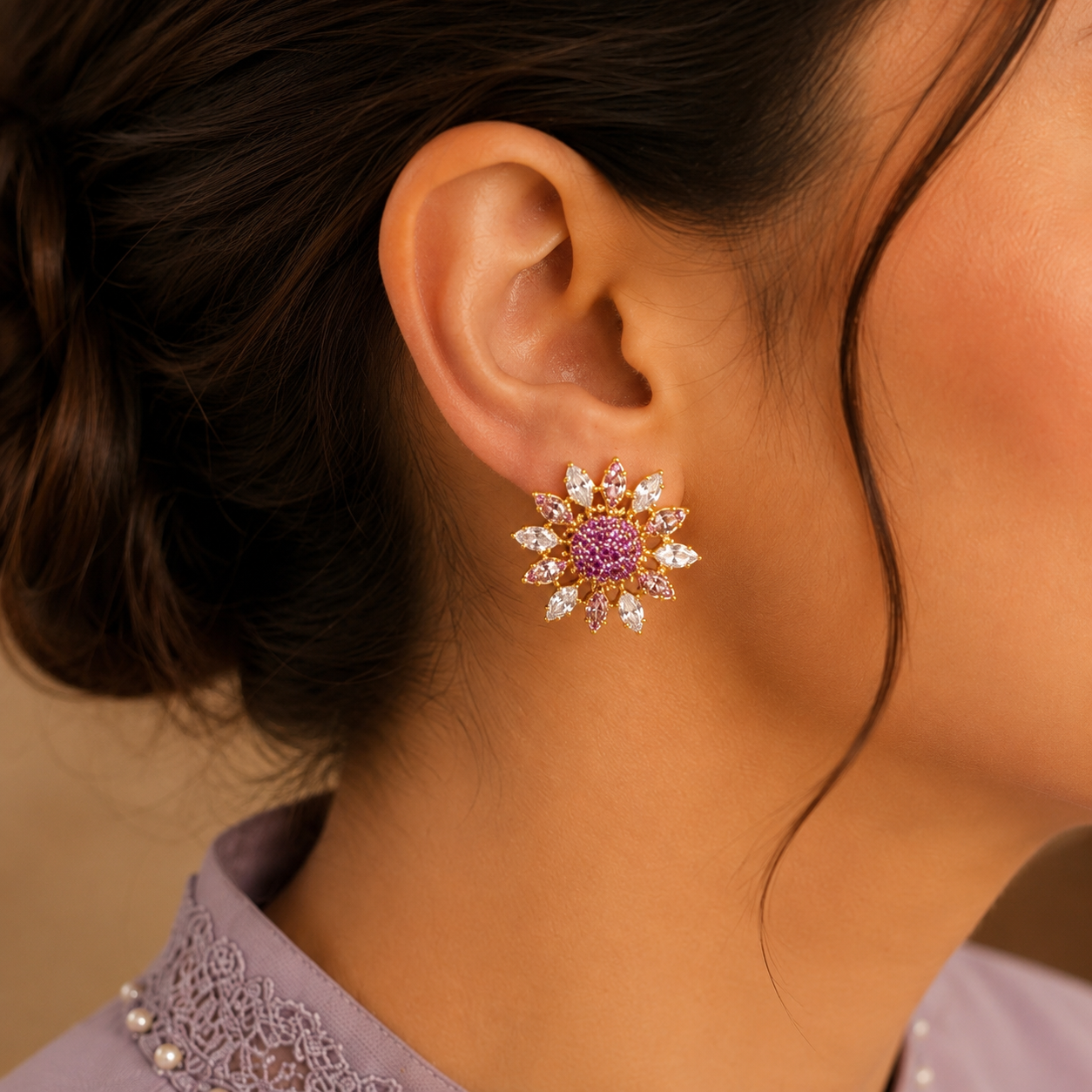  Close up Female model wearing lavender floral crystal stud earrings in a side-profile portrait highlighting the detailed floral design