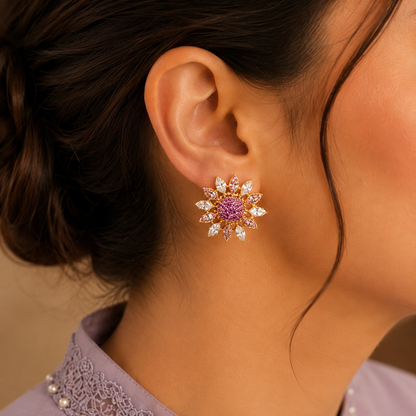  Close up Female model wearing lavender floral crystal stud earrings in a side-profile portrait highlighting the detailed floral design