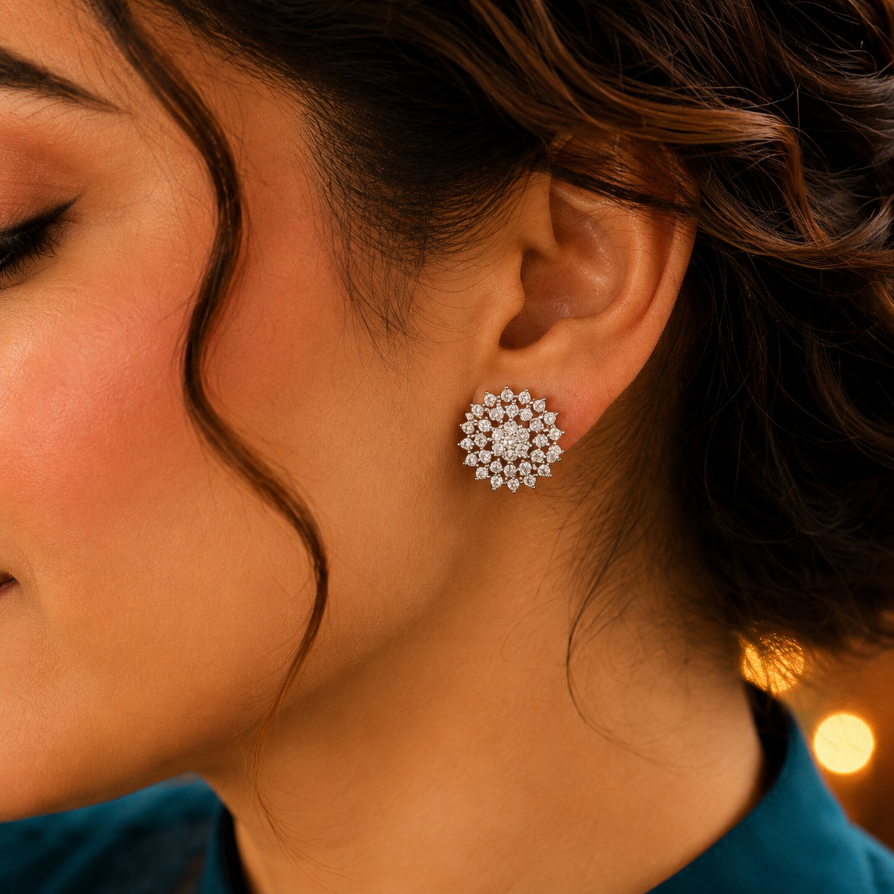 Close-up of silver floral cluster stud earrings worn on a model in side profile.
