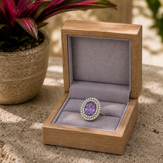 Lavender oval halo stainless steel ring displayed in a premium wooden presentation box with a soft lavender interior.