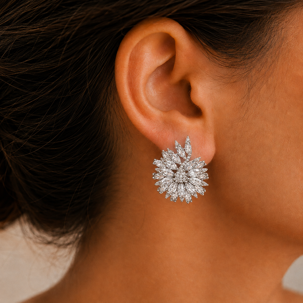 Stellar Crest clear crystal marquise statement stud earring worn on ear