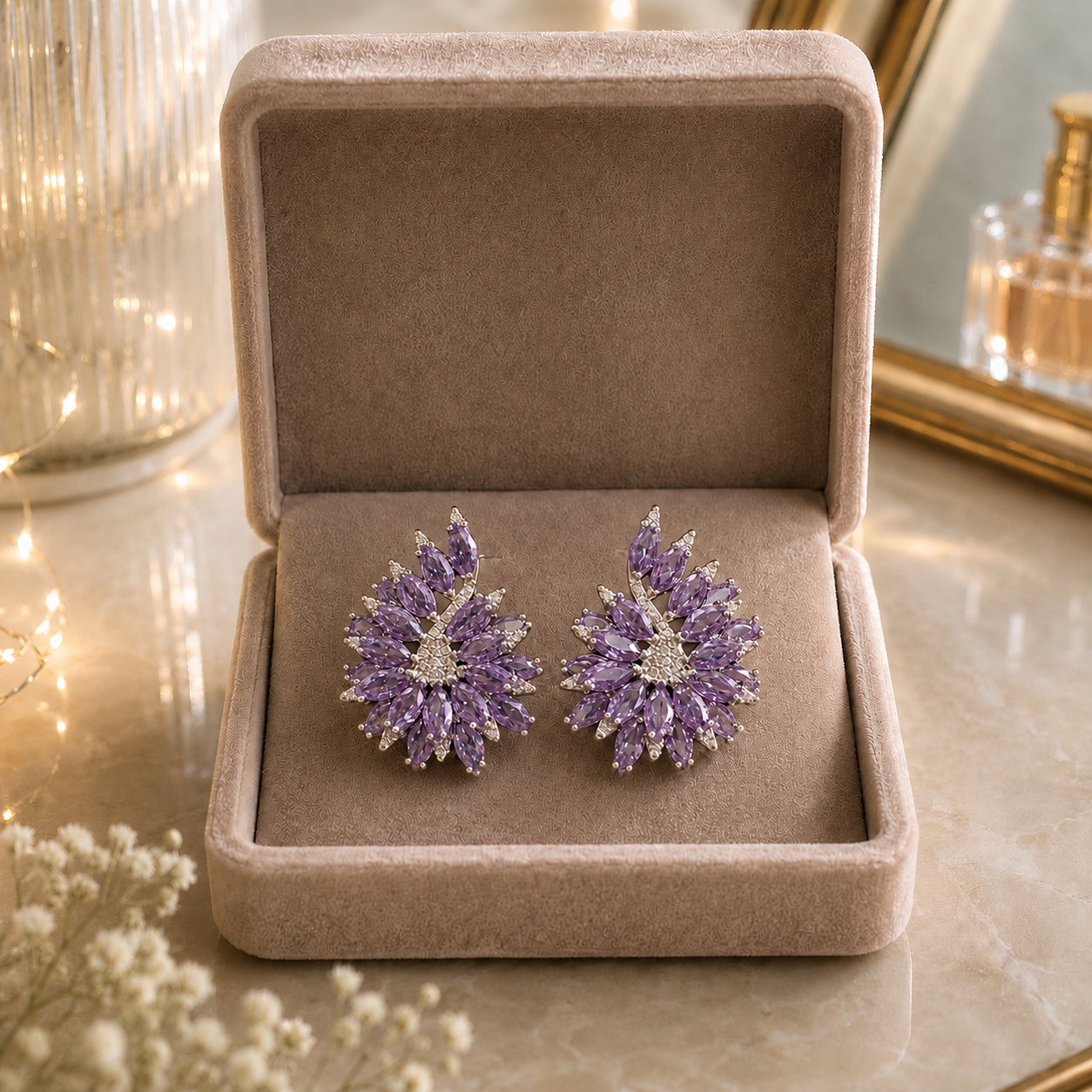 Pair of Stellar Crest amethyst purple crystal stud earrings displayed in soft velvet jewellery box