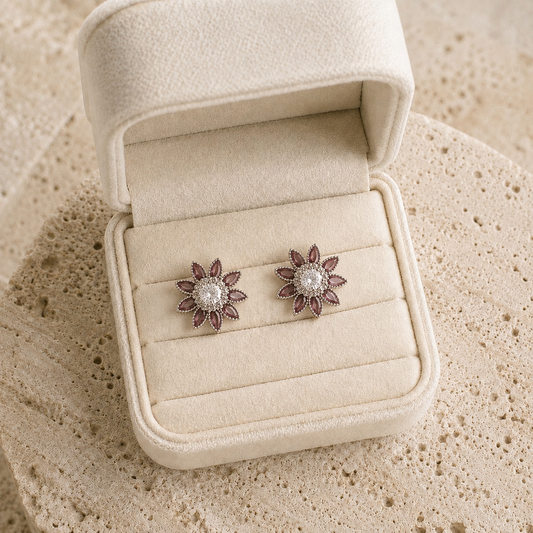 Smoky Mauve Brown floral crystal stud earrings with marquise petals and brilliant clear centre stones