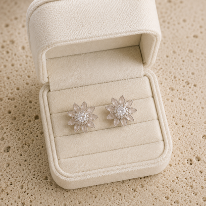 Milky Crystal floral stud earrings with semi-opaque translucent marquise petals and clear centre crystals