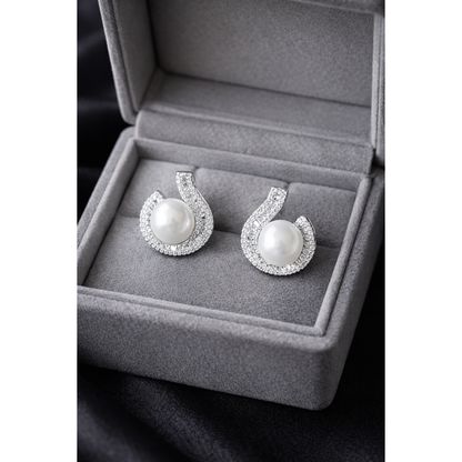 TIAS silver pearl stud earrings with crystal accents presented in a luxury grey velvet jewellery box
