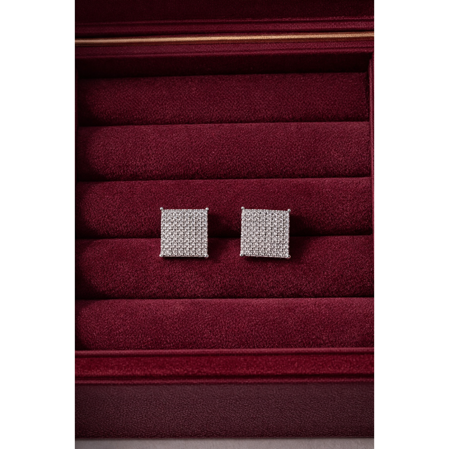 Elegant square diamond pavé stud earrings in maroon velvet jewellery box