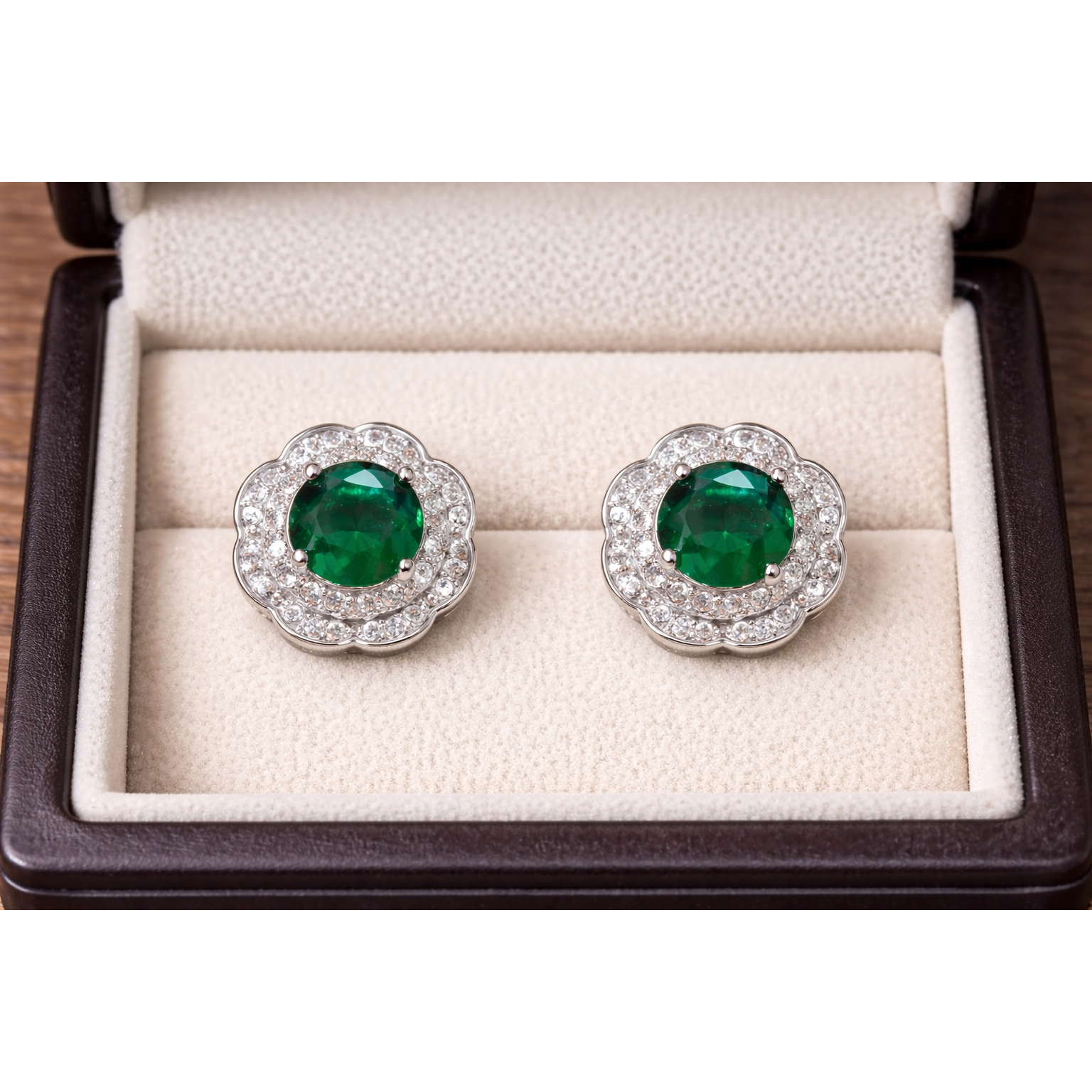 Silver floral halo earrings with green centre crystals presented in cream jewellery box