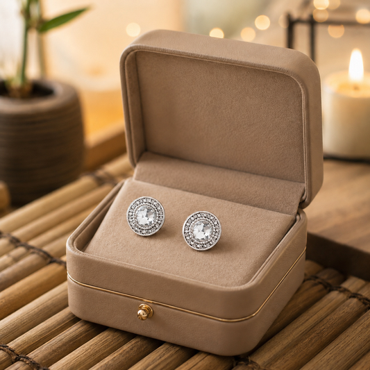 Silver halo stud earrings featuring round clear crystal centre stones displayed in a premium beige jewellery box on a bamboo tabletop with warm ambient lighting.
