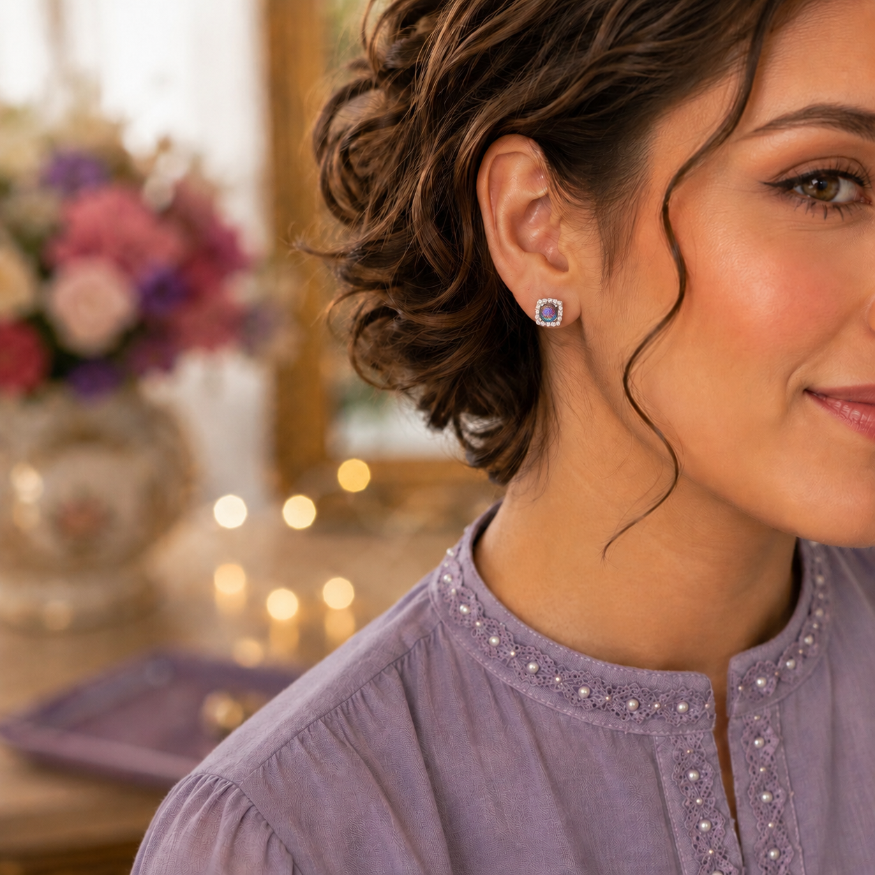 Close-up of a woman wearing silver square halo stud earrings with a round mystic rainbow crystal centre in a warm indoor setting.