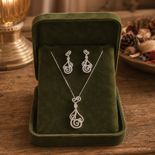 Silver crystal swirl pendant necklace and matching drop earrings displayed in a premium moss green velvet jewellery box on a vintage wooden counter with softly blurred lamp and potpourri in the background
