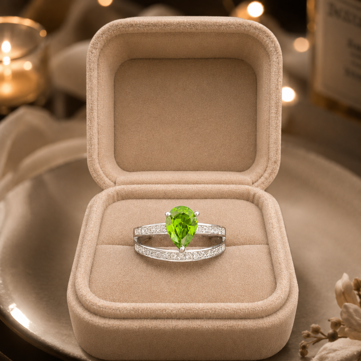 Silver split-band ring featuring a pear-cut green crystal stone with sparkling micro-crystal accents by TIAS Collection.