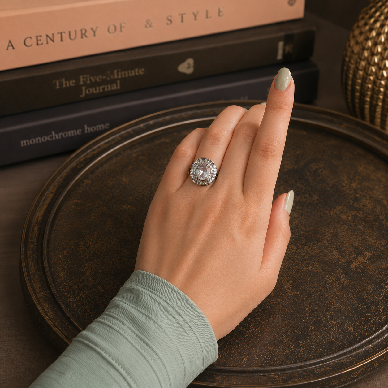 Silver oval halo cocktail ring featuring an oval-cut centre crystal with baguette and pavé halo worn on a woman's hand in a luxury editorial setting.