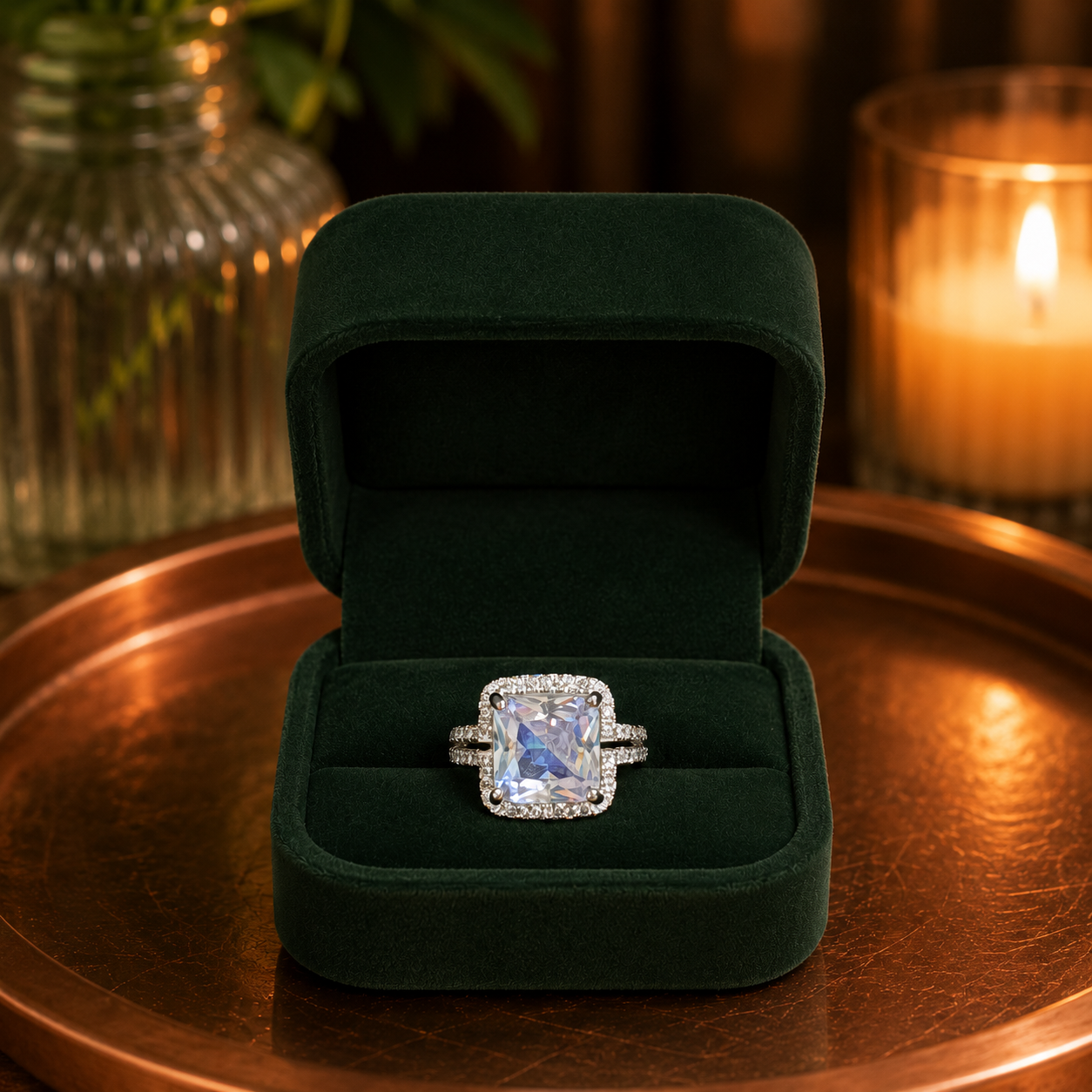 Silver statement ring featuring a cushion-cut clear zircon with a halo of sparkling pavé zircons and a split double band
