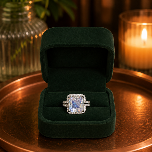 Silver statement ring featuring a cushion-cut clear zircon with a halo of sparkling pavé zircons and a split double band