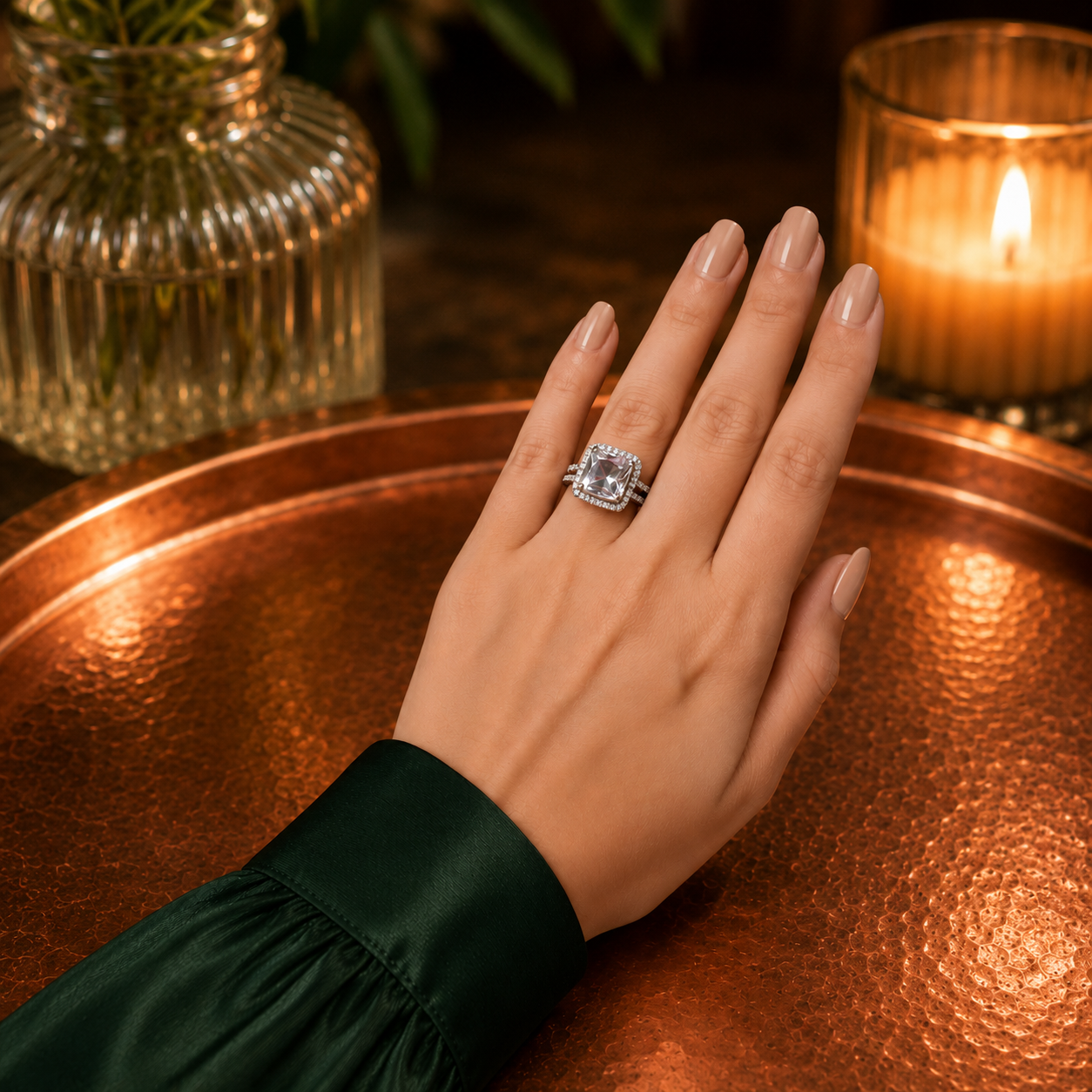 Model wearing a silver cushion-cut halo zircon statement ring with a sparkling split pavé band on a polished hand.