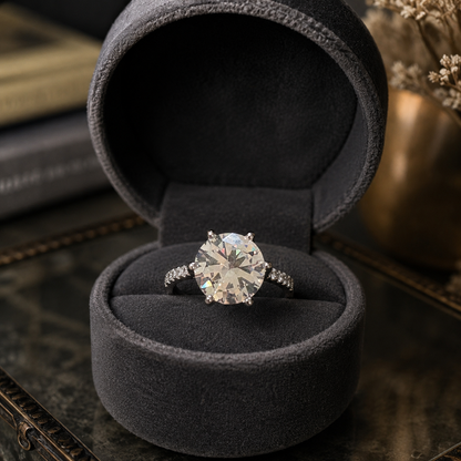 A round-cut clear gemstone ring with a silver-toned band, displayed in an open dark gray velvet ring box on a dark marble surface.
