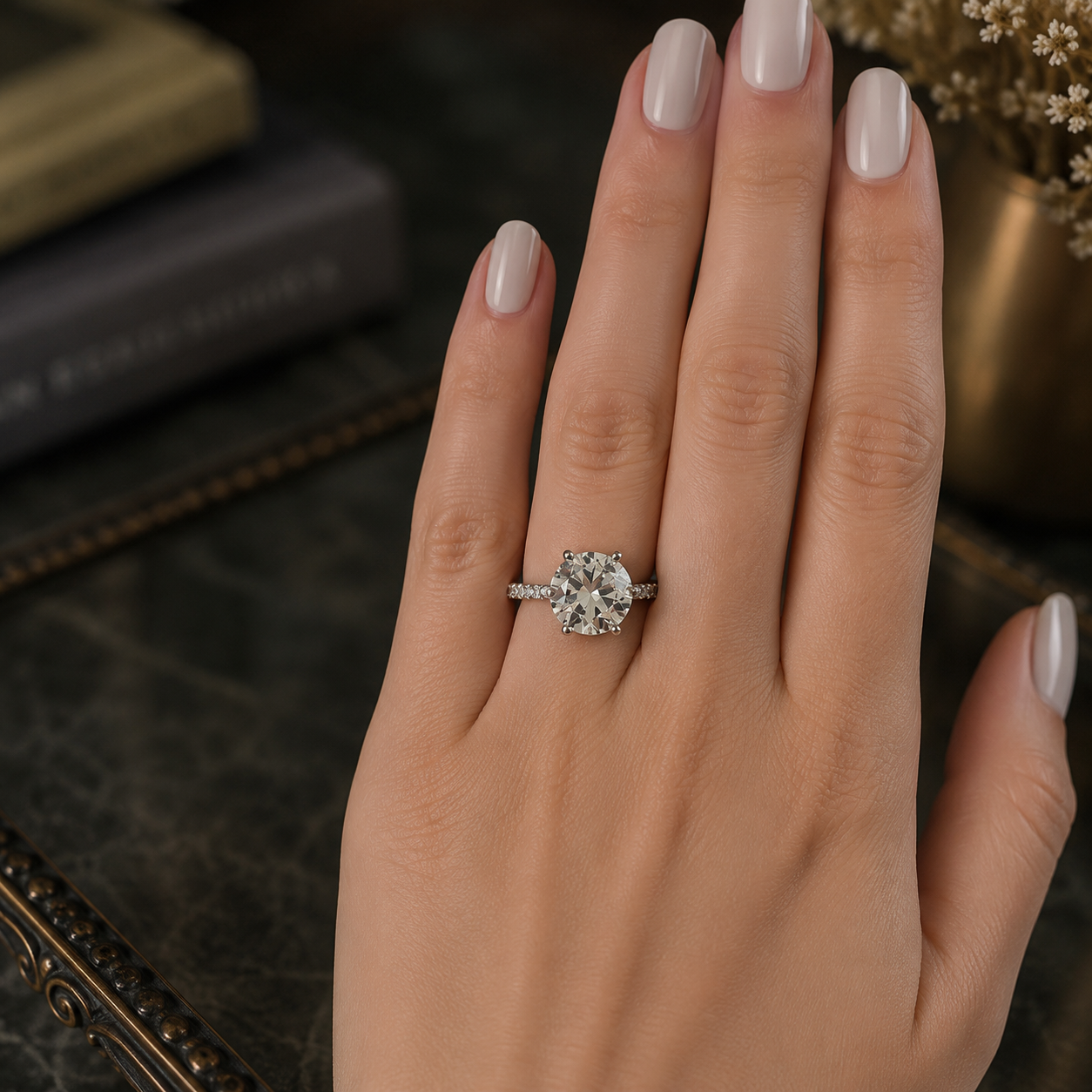 Round-cut solitaire ring with a pavé band in a polished silver-tone finish, showcased on a model's hand with brilliant sparkle and timeless elegance.