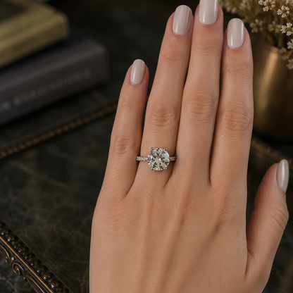 Round-cut solitaire ring with a pavé band in a polished silver-tone finish, showcased on a model's hand with brilliant sparkle and timeless elegance.