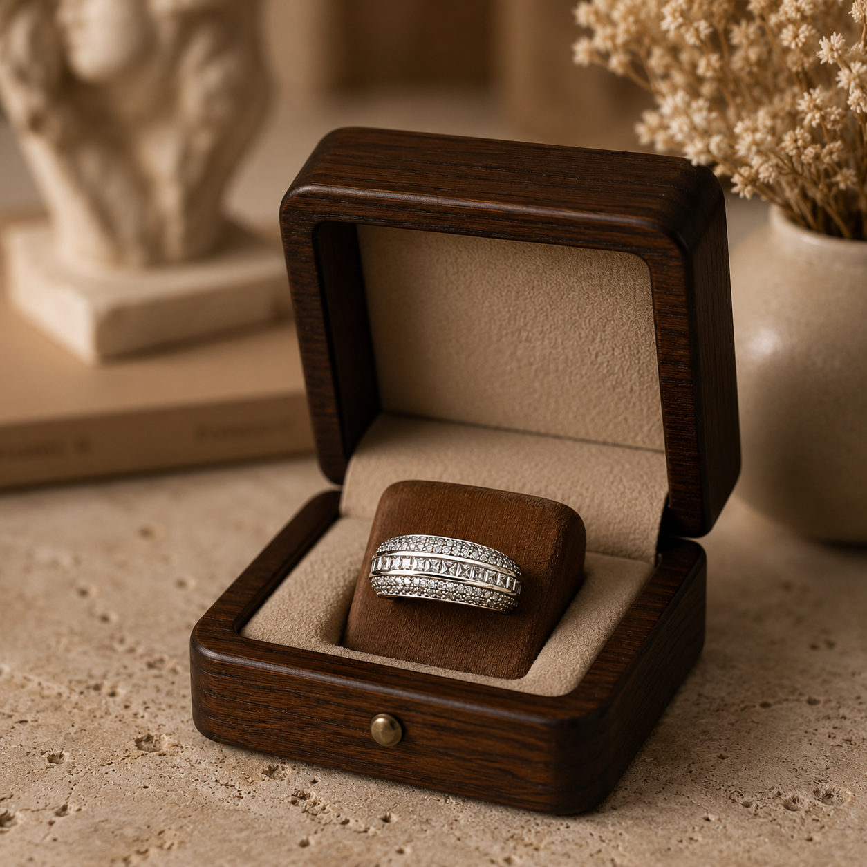 Premium silver-tone statement band ring featuring princess-cut channel-set stones with sparkling pavé detailing, displayed in a luxury wooden jewellery box.