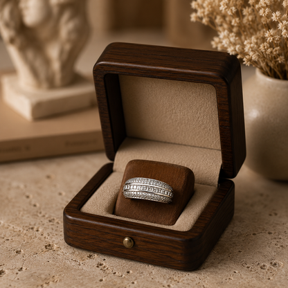 Premium silver-tone statement band ring featuring princess-cut channel-set stones with sparkling pavé detailing, displayed in a luxury wooden jewellery box.
