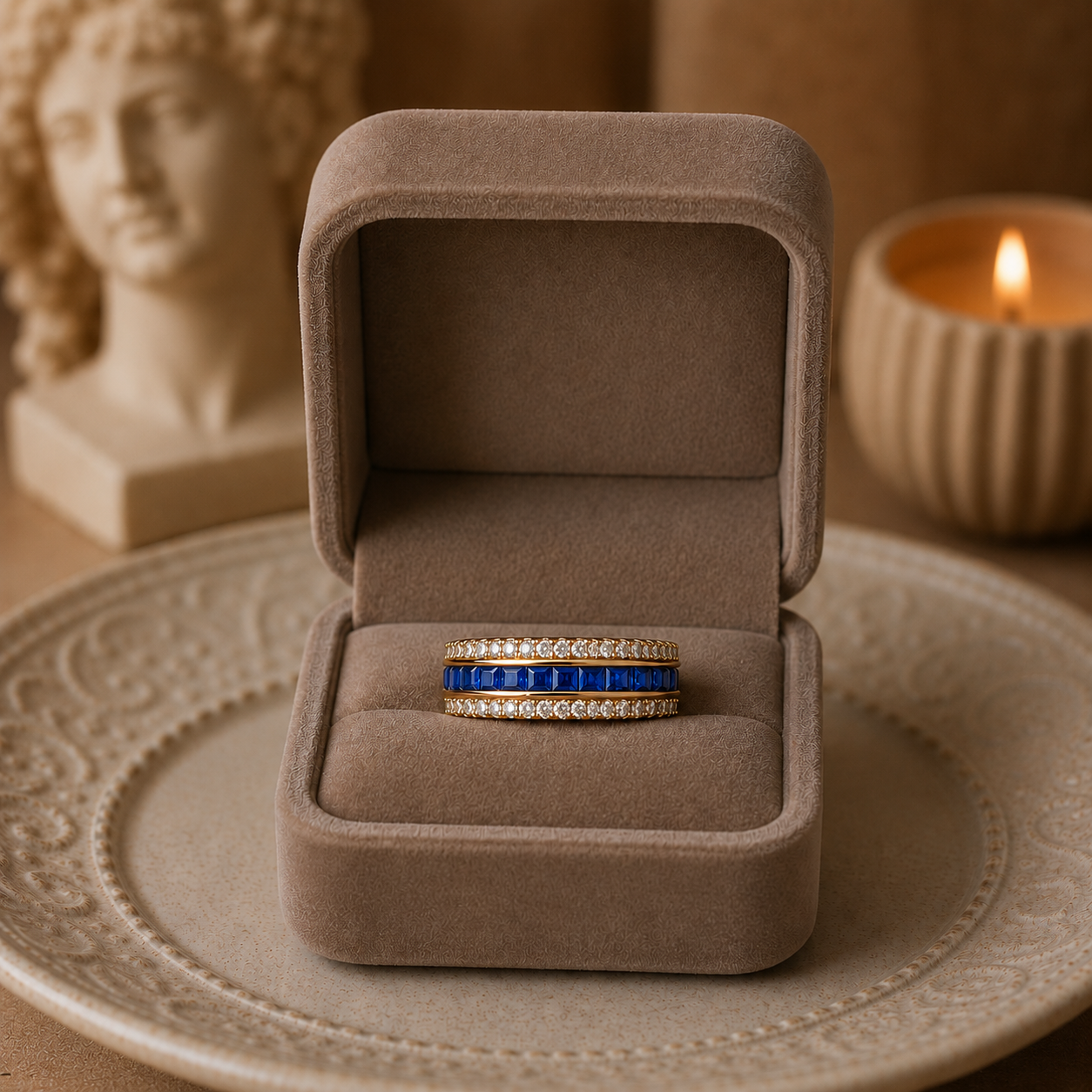 Gold eternity band with royal blue princess-cut gemstones displayed inside a premium taupe velvet jewellery box on a carved ceramic plate with elegant candlelit décor.
