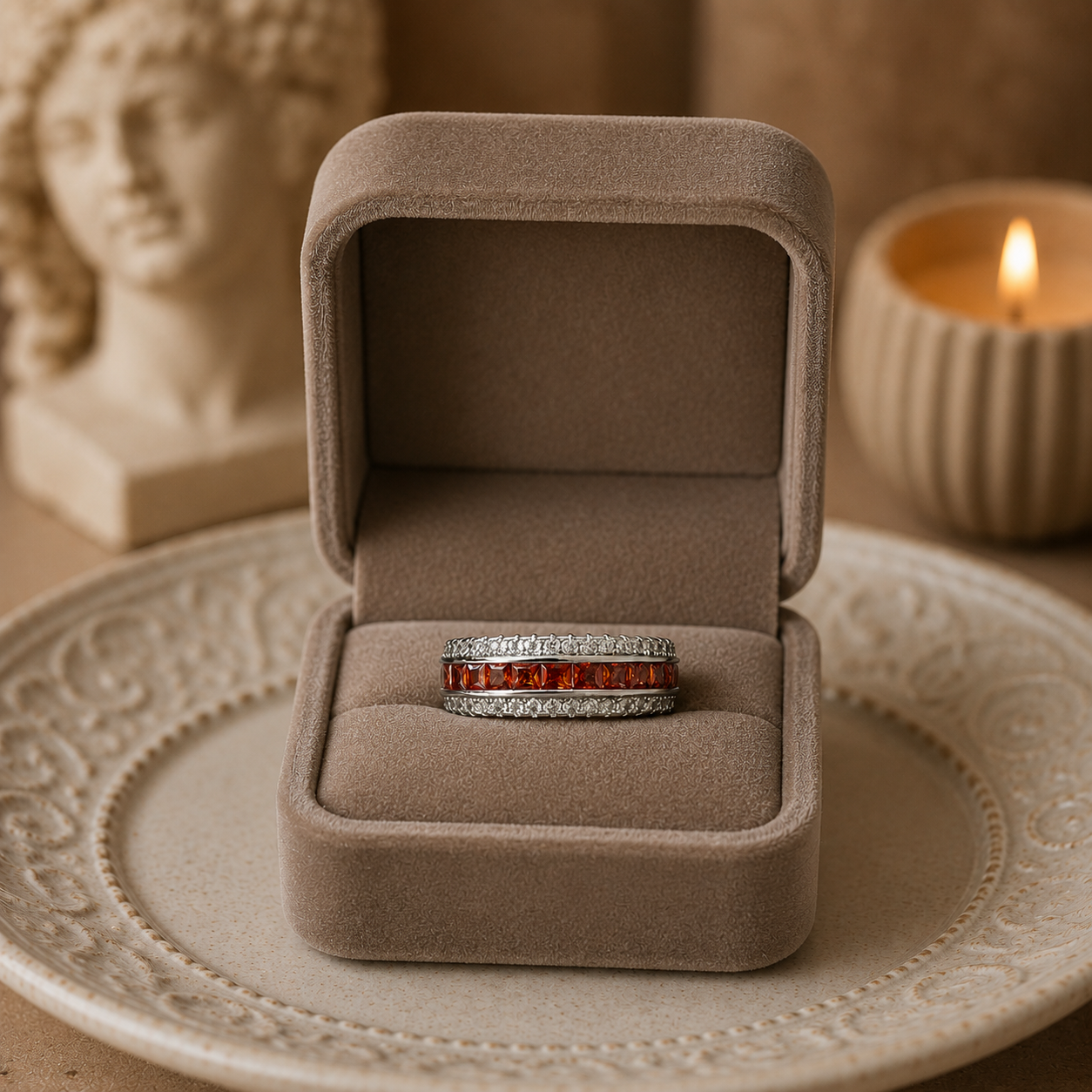Silver eternity band with orange princess-cut gemstones presented inside a premium taupe velvet jewellery box on a decorative ceramic plate with soft luxury lighting.