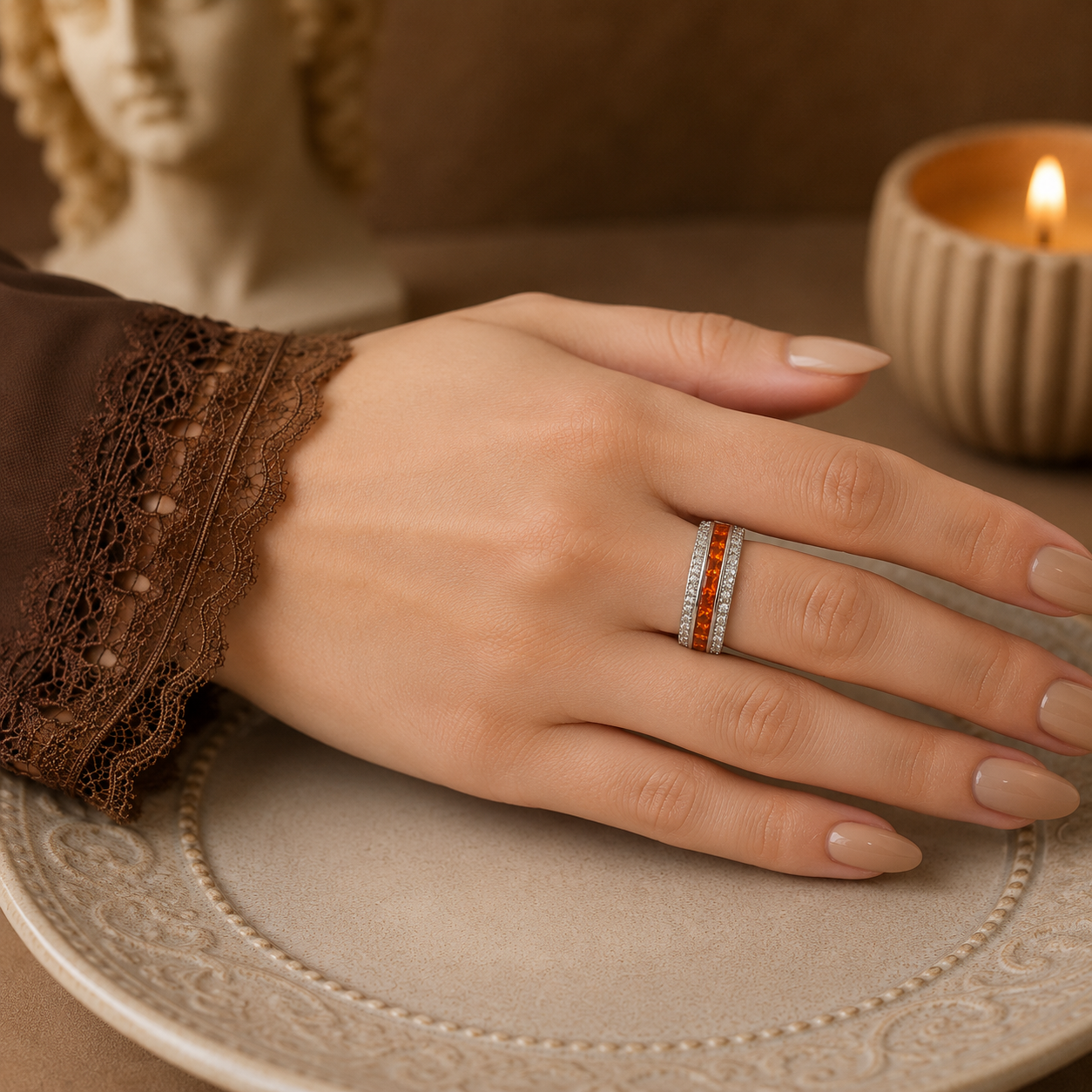 Silver eternity band featuring vibrant orange princess-cut gemstones and pavé zircon accents, showcased on a model's hand in a refined lifestyle setting.