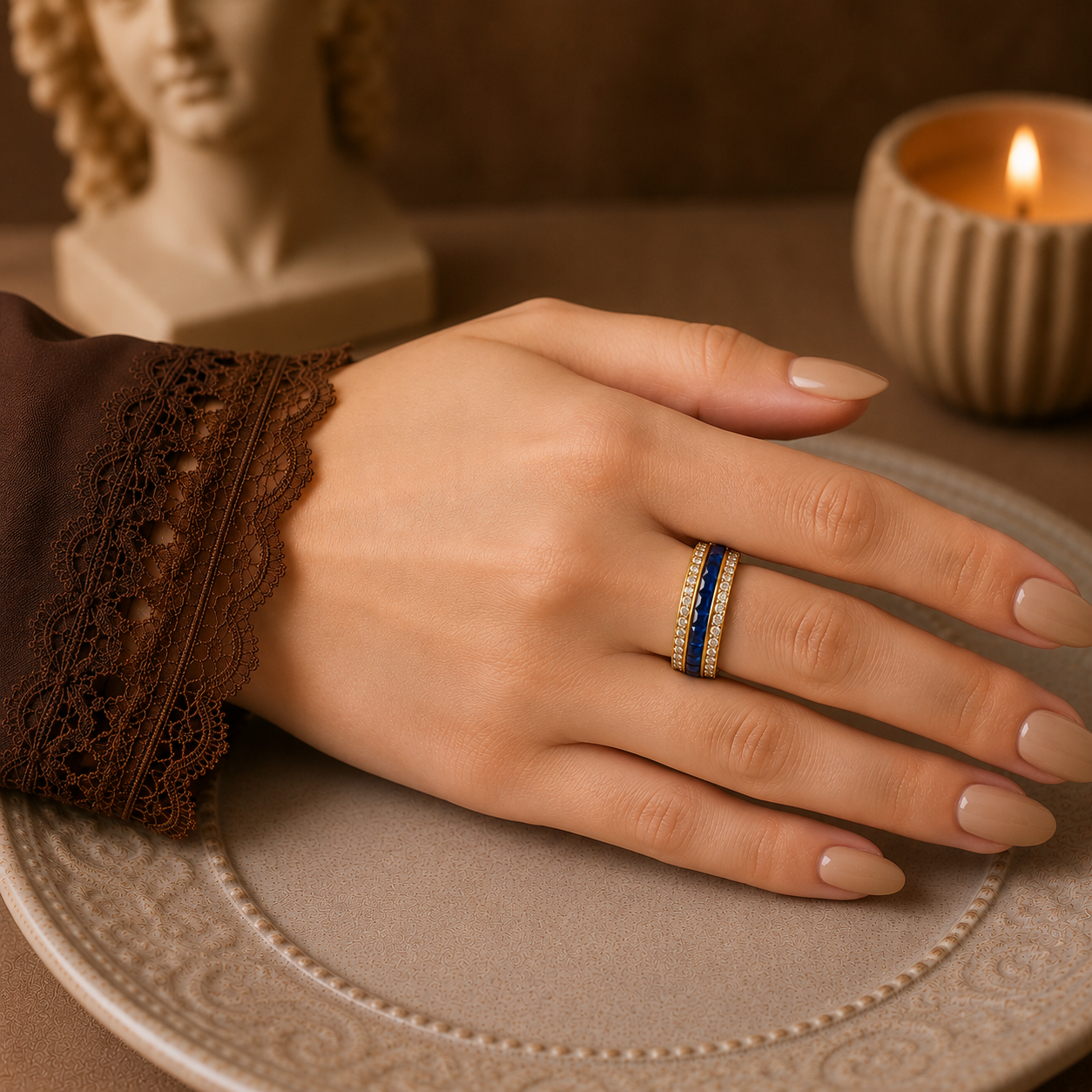 Gold eternity band with royal blue princess-cut gemstones and pavé zircon rows, worn on a model's hand with a warm luxury editorial background
