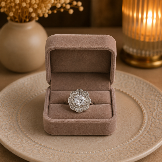 Silver floral statement ring with a brilliant round-cut center crystal displayed inside a premium mushroom velvet jewellery box on a carved ceramic plate.