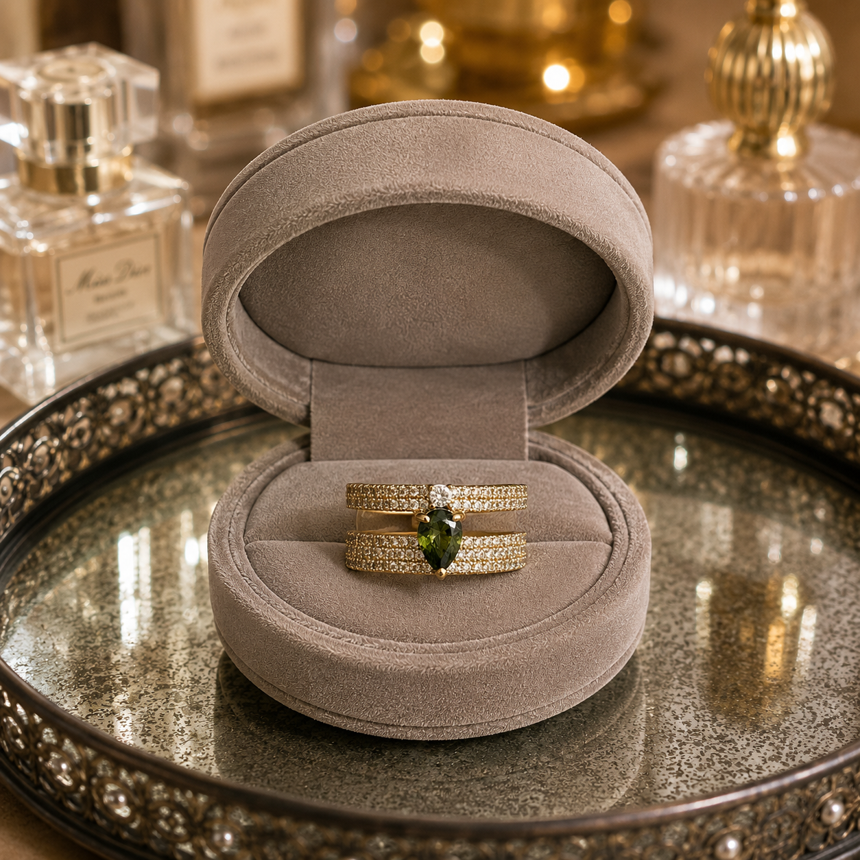Light gold open-back double-band ring featuring a pear-cut  green centre stone with sparkling zircon detailing displayed in a luxury taupe velvet jewellery box.