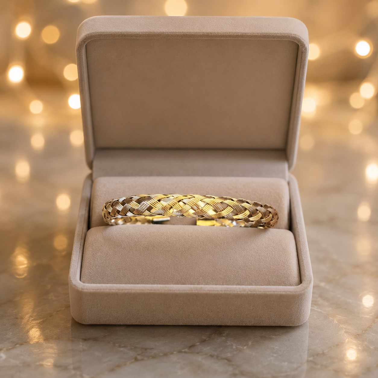 A gold braided cuff bracelet displayed inside an open beige velvet jewelry box on a marble surface with warm bokeh lights in the background.