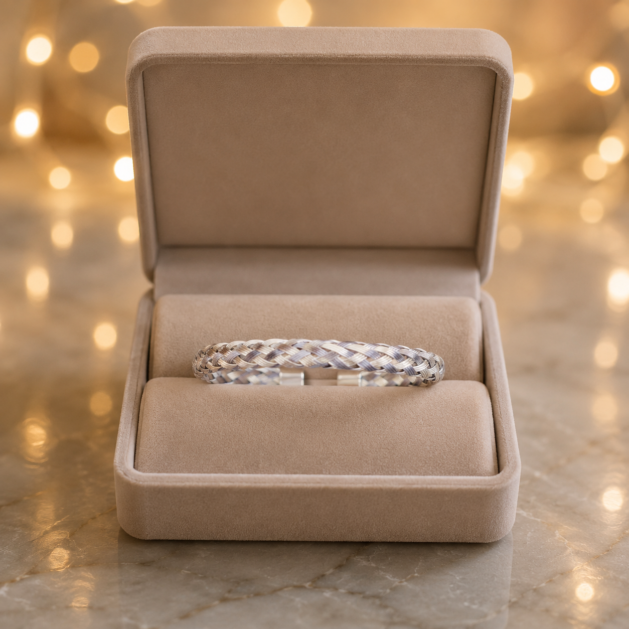 A silver-toned braided bangle bracelet displayed inside an open beige velvet jewelry box, set against a warm, softly blurred background with bokeh lights.