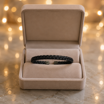 A black braided bracelet with silver-toned metal accents displayed inside an open beige jewelry box on a marble surface with warm bokeh lights in the background.