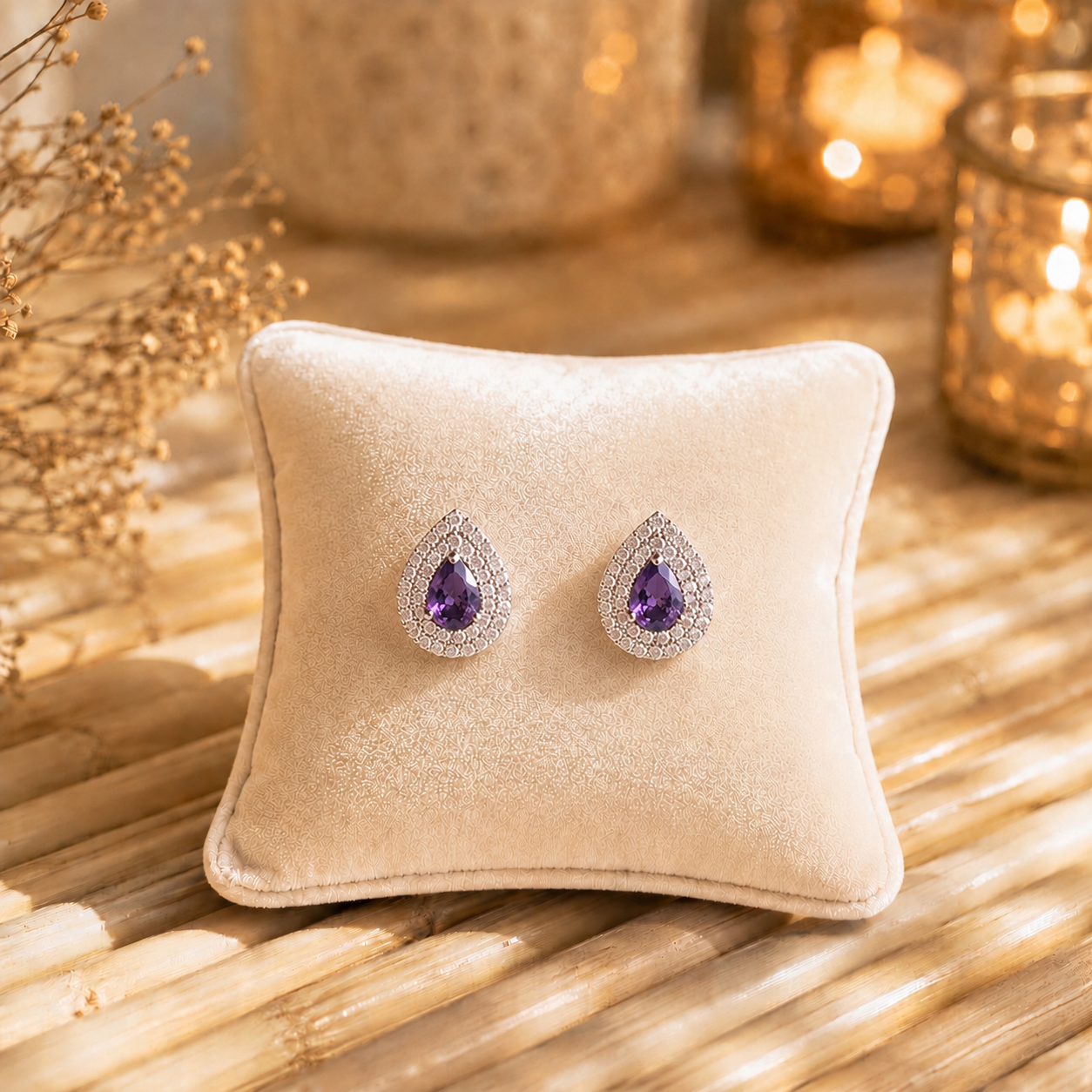 Silver teardrop stud earrings with a Purple pear-cut centre stone surrounded by a sparkling pavé halo and butterfly stopper back