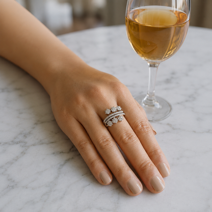 Floral Cluster Pavé Wrap Ring – Silver Tone Statement Band