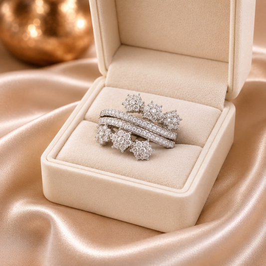Floral Cluster Pavé Wrap Ring – Silver Tone Statement Band