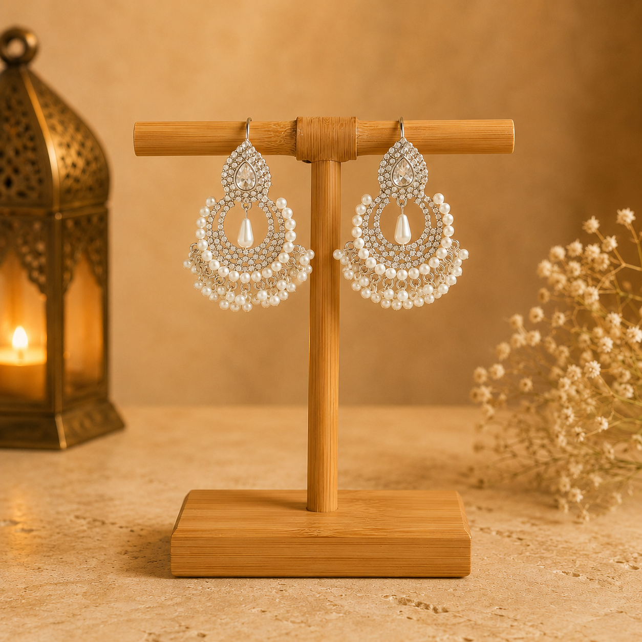 Silver zircon pearl halo drop earrings displayed on bamboo jewelry stand