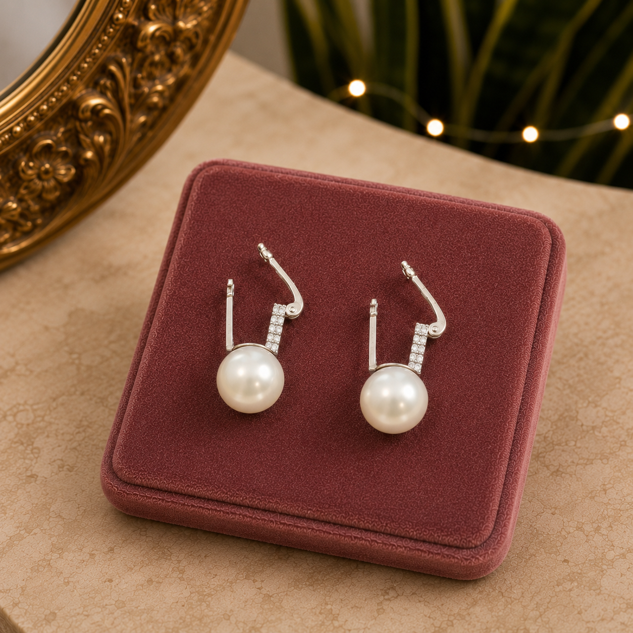 Silver crystal and pearl leverback earrings displayed open on a premium dusty rose velvet jewelry stand with a luxury marble background.