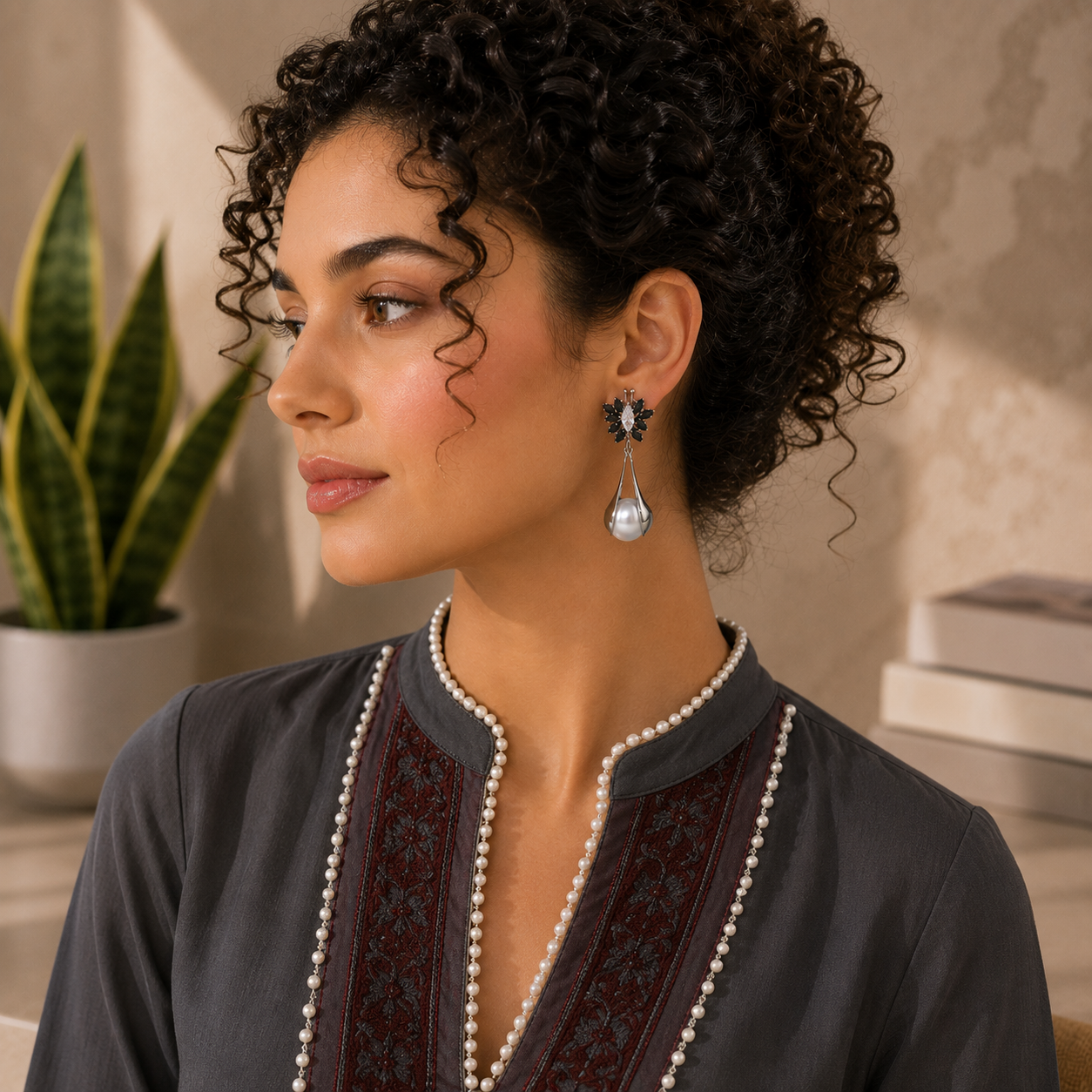 Woman wearing elegant black crystal floral pearl drop earrings with white-gold-tone finish and charcoal grey embroidered outfit in a luxury minimalist setting.