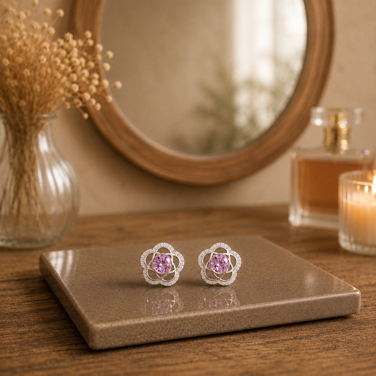Silver floral stud earrings with soft pink crystal center stones displayed on a premium ceramic tile with blurred wooden mirror, perfume and dried flowers.