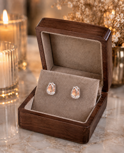 Tulip champagne crystal stud earrings displayed in a premium velvet jewellery box with luxury wooden finish, candlelight ambience and dried floral décor