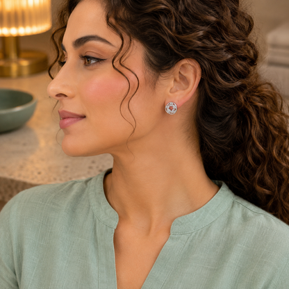 Woman wearing silver interlocking circle zircon stud earrings with a sea green linen kurta in a luxury indoor setting, showcasing modern everyday jewellery.