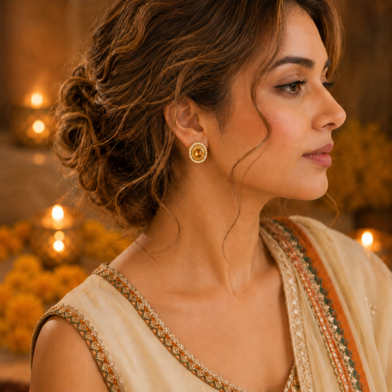 Model wearing gold-tone halo stud earrings with champagne crystal centre in a side profile portrait with soft warm festive lighting.