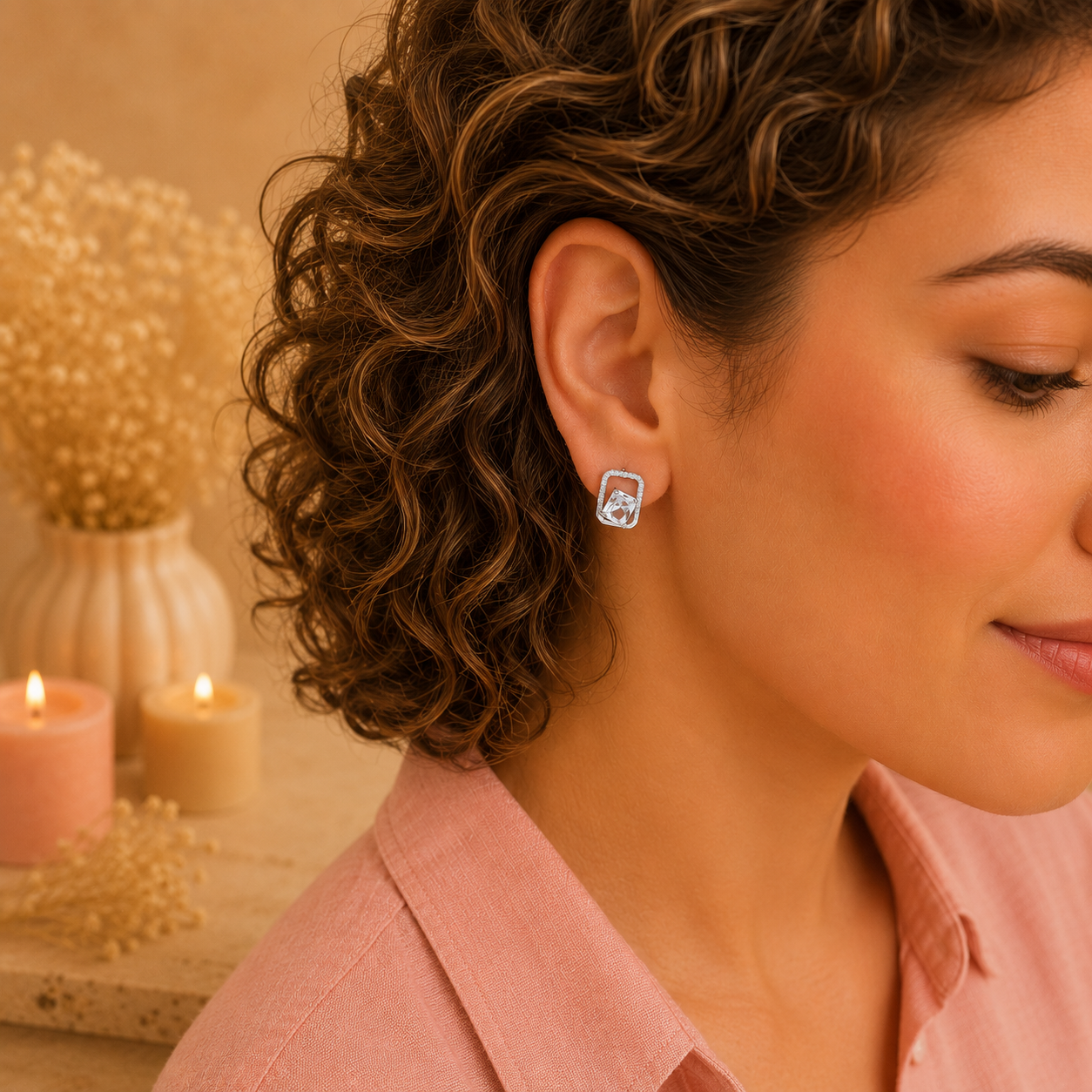 Close-up of a model wearing silver geometric clear crystal stud earrings featuring a rectangular faceted gemstone and pavé crystal frame in a luxury lifestyle setting.