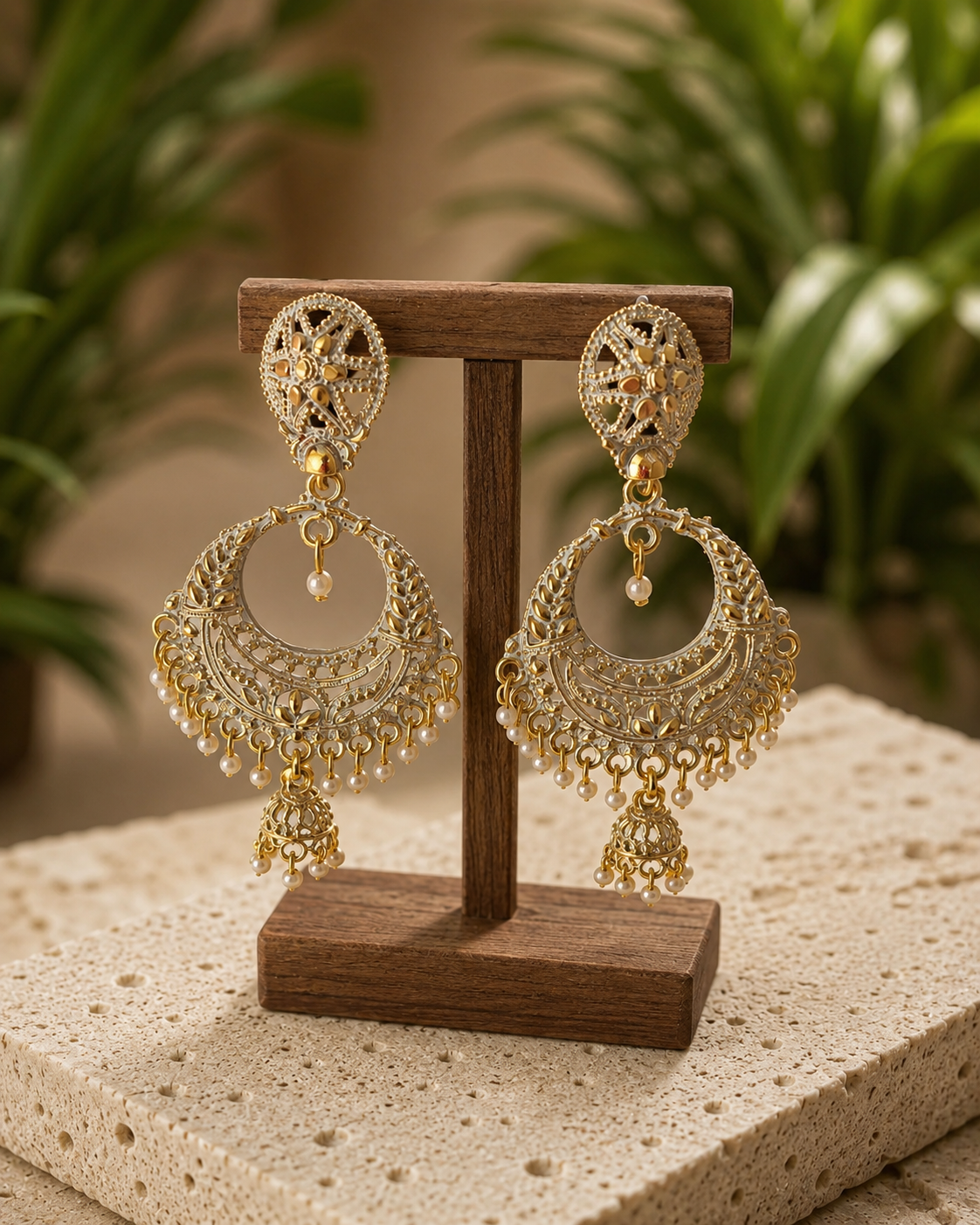 Antique gold Chandbali earrings with white pearl tassels displayed on a wooden stand over travertine stone, luxury jewelry photography.