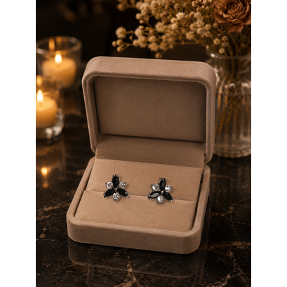 Petal Spark Crystal Stud Earrings – Ruby Red & Midnight Black