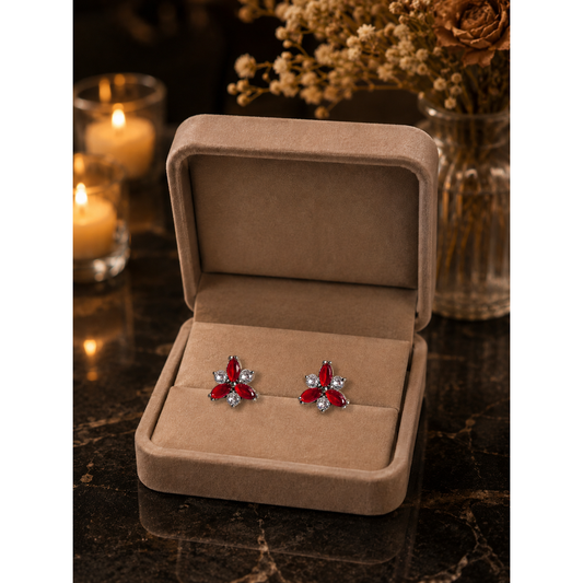 Petal Spark Crystal Stud Earrings – Ruby Red & Midnight Black