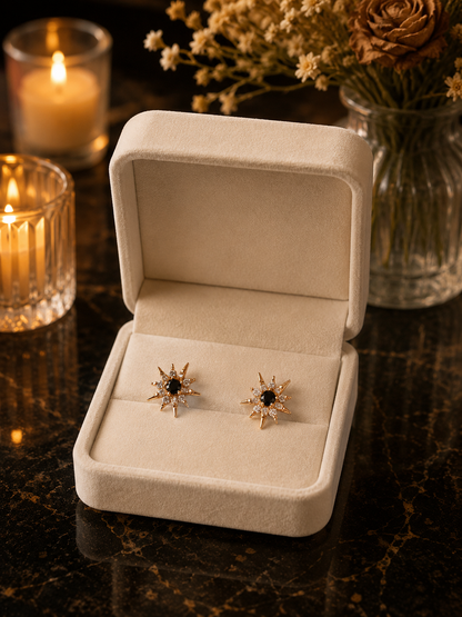 Starburst Stud Earrings in Rose Gold - black and transparent centre stone